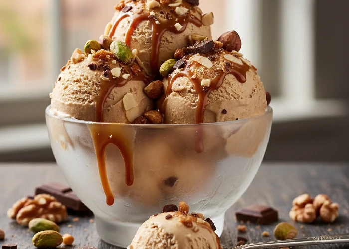 Caramel crunch ice cream with nuts
