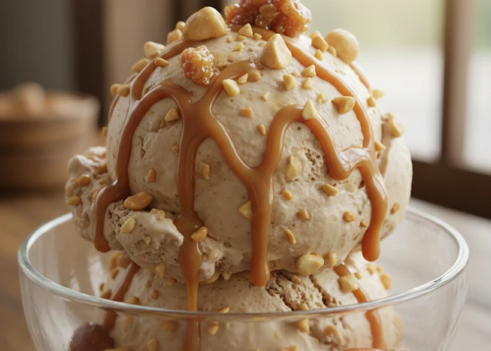 Nutty crunch ice cream with golden caramel swirls