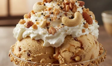 A scoop of nutty crunch ice cream topped with premium cream and nuts.