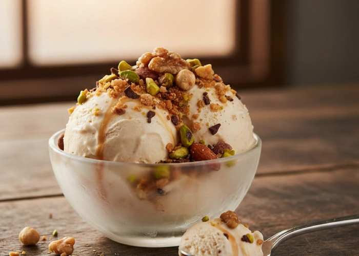 High end ice cream with nutty crunch