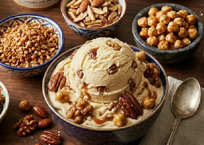 Gourmet pralines in cream scoop