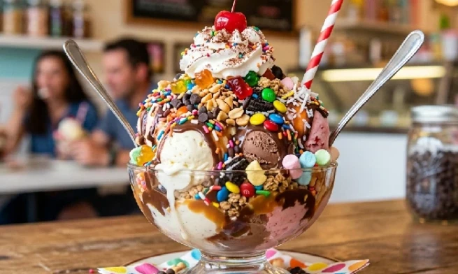 Variety of ice cream toppings on a sundae