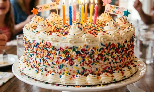 Large celebration ice cream cake covered in colorful sprinkles and cream