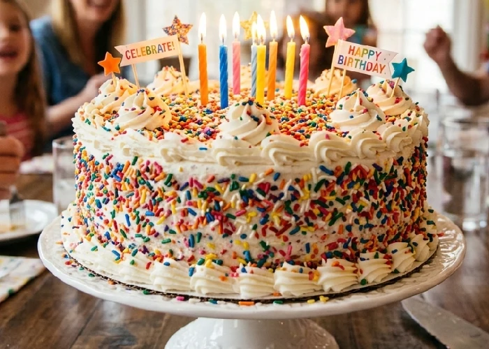 Large celebration ice cream cake covered in colorful sprinkles and cream