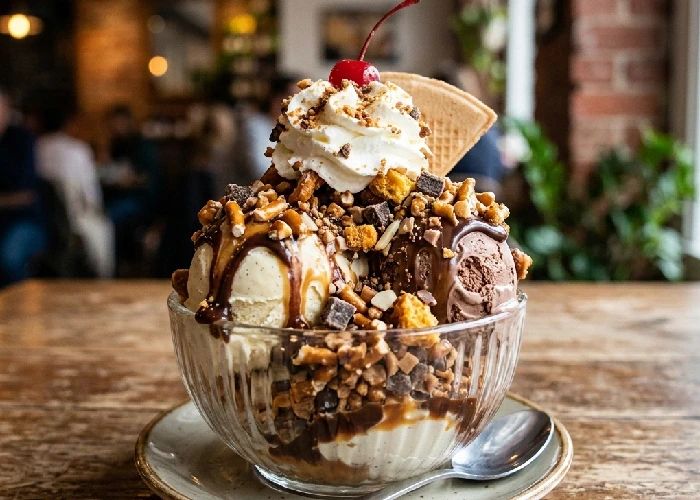 Premium crunch ice cream topping on a sundae