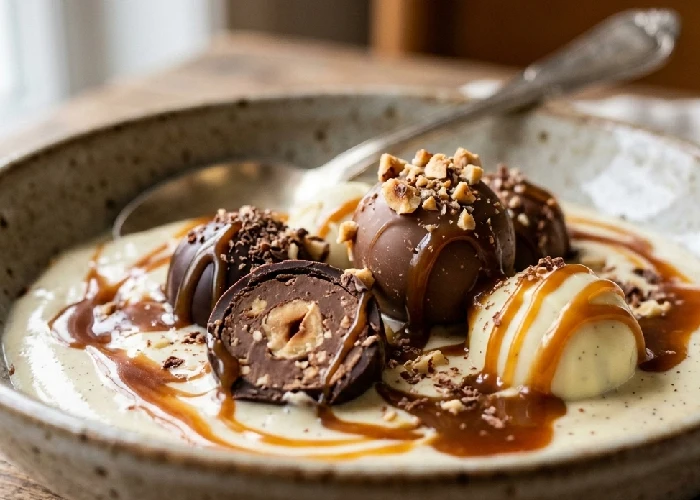 A close up shot of pralines in cream with caramel sauce.