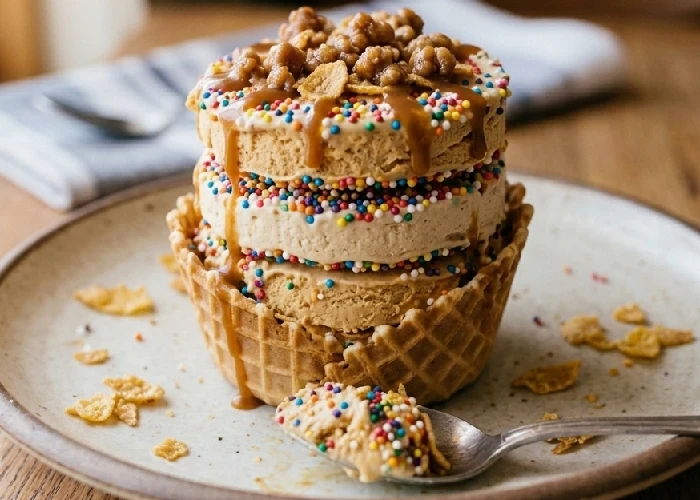 Colorful sprinkles ice cream in a waffle ice cone