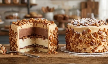 Layered ice cream cakes with toffee bits
