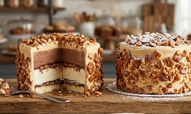 Layered ice cream cakes with toffee bits