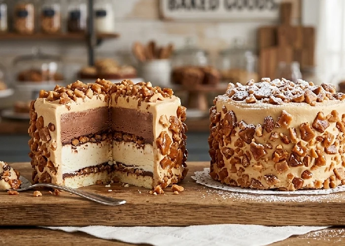 Layered ice cream cakes with toffee bits