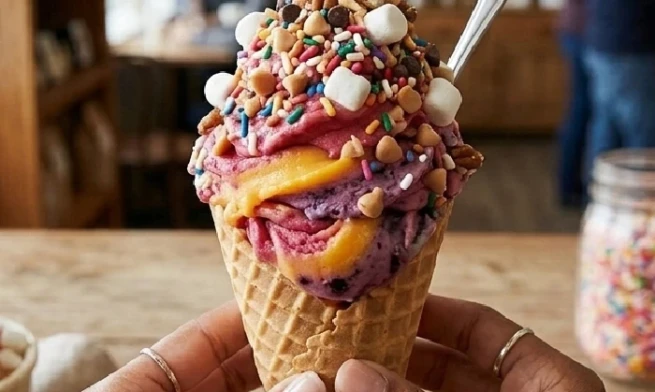 A person holding a decorated ice cream cone with sprinkles ice cream and flavor ice