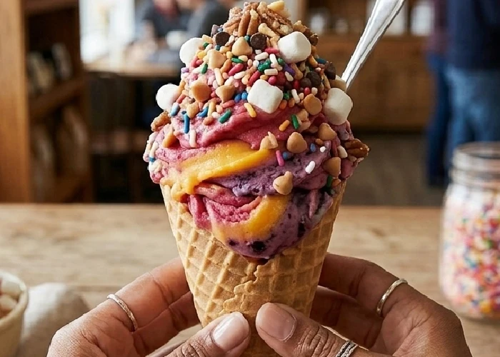 A person holding a decorated ice cream cone with sprinkles ice cream and flavor ice