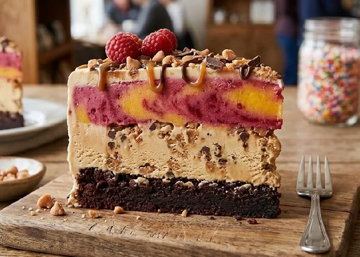 A delicious slice of ice cream cakes featuring toffee ice cream and flavor ice