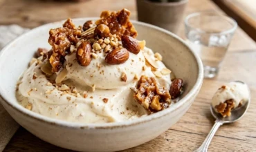 A delicious bowl of almond ice cream topped with crunchy pralines.