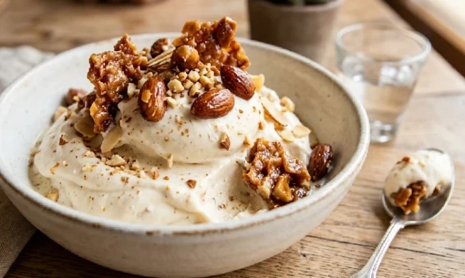 A delicious bowl of almond ice cream topped with crunchy pralines.
