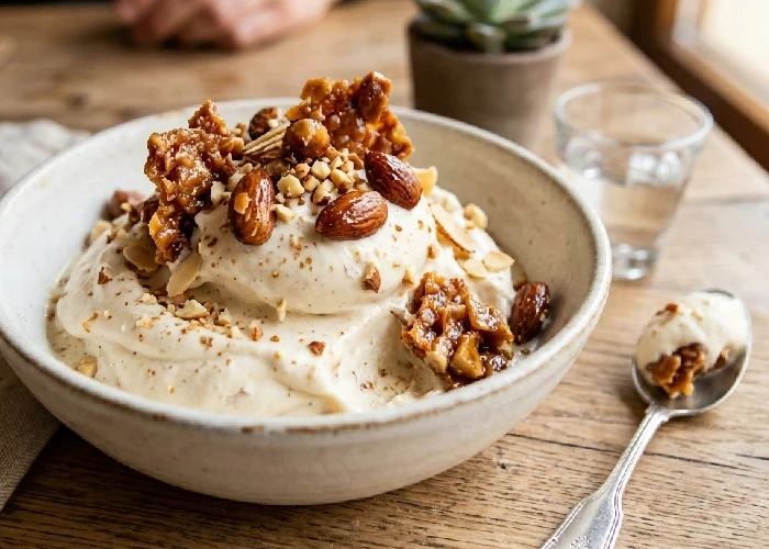 A delicious bowl of almond ice cream topped with crunchy pralines.
