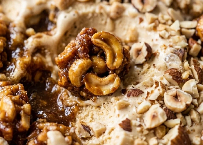 Close up of mixed nuts ice cream texture