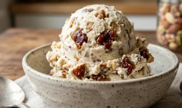A fresh scoop of mixed nuts ice cream with visible caramelized praline chunks.