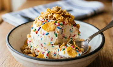 Golden crunchy flakes on sprinkles ice cream scoop