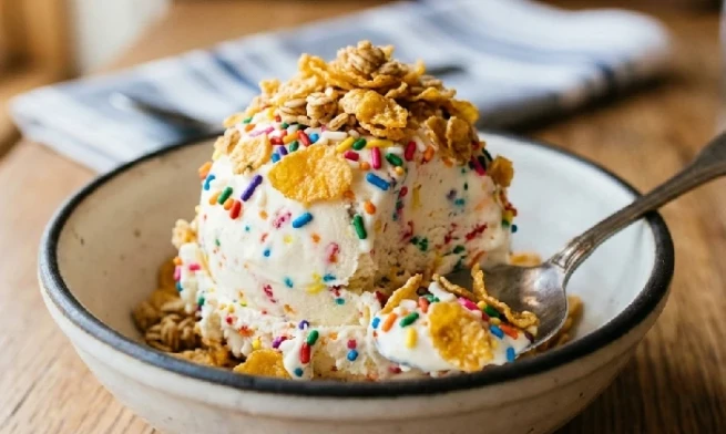 Golden crunchy flakes on sprinkles ice cream scoop