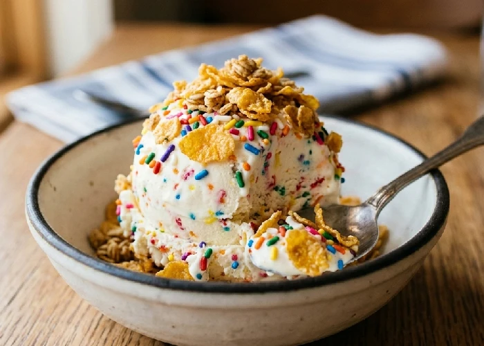 Golden crunchy flakes on sprinkles ice cream scoop