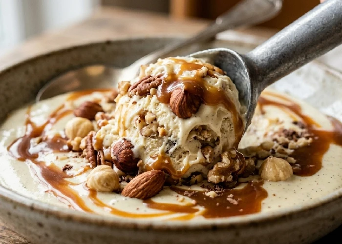 Scooping a rich premium ice cream with mixed nuts ice cream pieces.