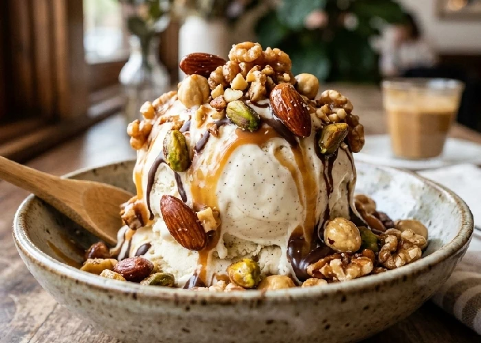 Luxury ice cream with mixed nuts