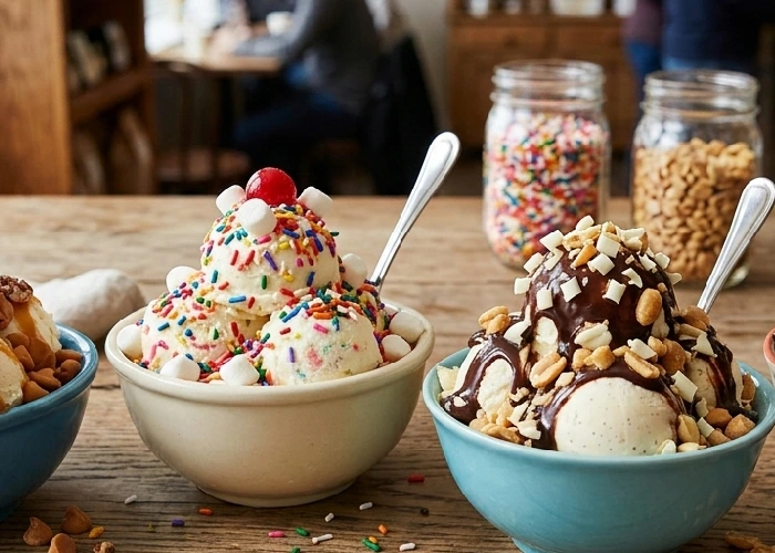 Assorted ice cream toppings including butterscotch nuts and sprinkles ice cream