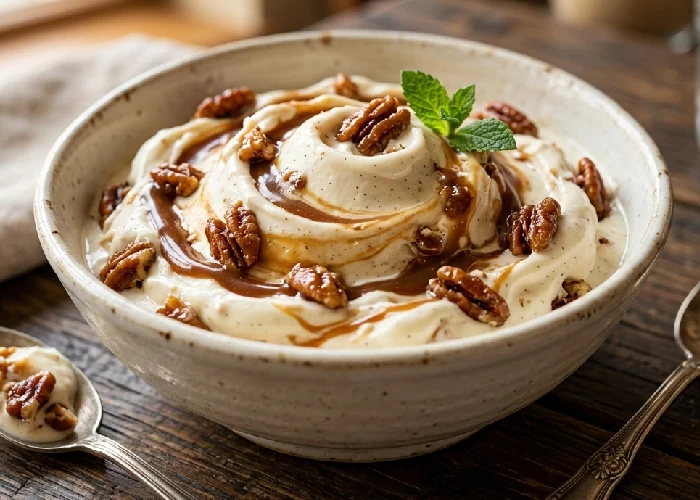 Premium ice cream with pralines in cream swirl