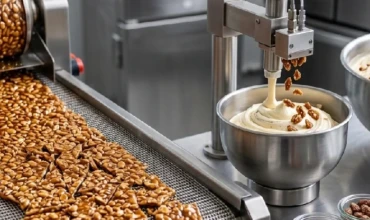 Golden brown salted almond pralines used in premium ice cream production.
