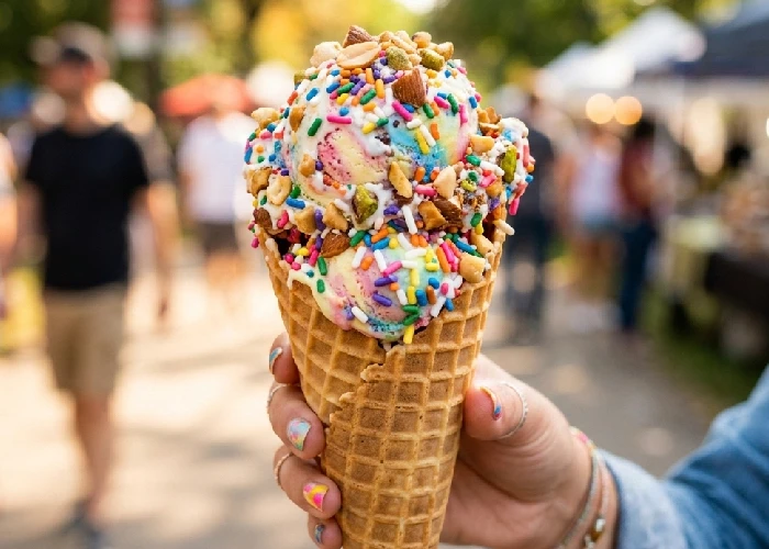 Colorful sprinkles ice cream and nut bits