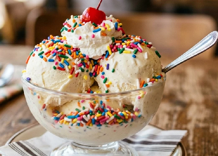 Assorted colorful sprinkles ice cream toppings on a vanilla sundae
