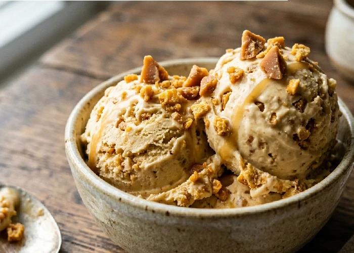 Crispy bits in butterscotch crunch ice cream