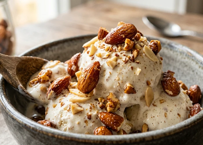 Close up of almond ice cream with roasted nuts.
