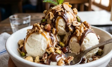 Ice cream and nuts topping