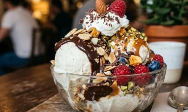 Premium ice cream toppings on a cold dessert