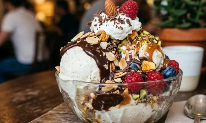 Premium ice cream toppings on a cold dessert
