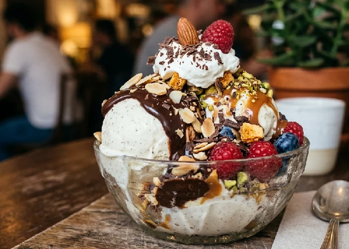 Premium ice cream toppings on a cold dessert