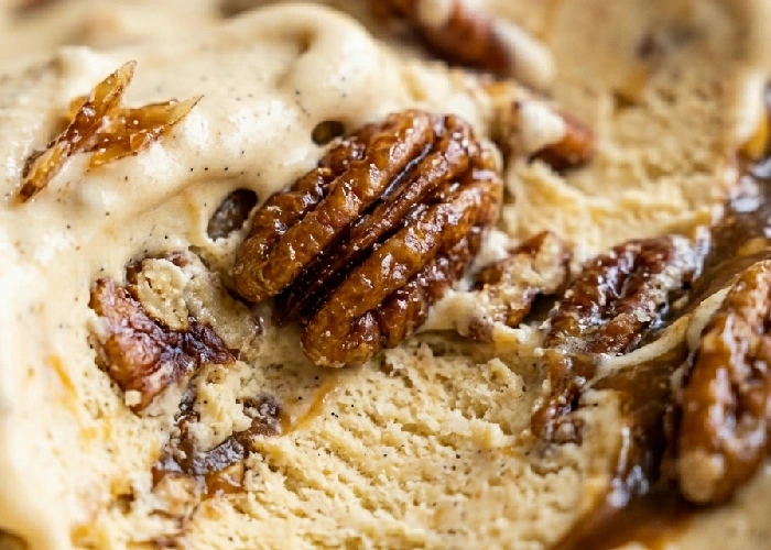 Close up texture of luxury ice cream featuring pralines in cream.