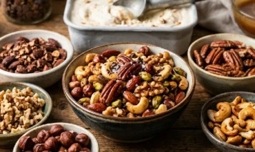Variety of mixed nuts ice cream inclusions for dessert.