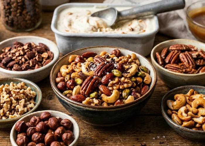 Variety of mixed nuts ice cream inclusions for dessert.