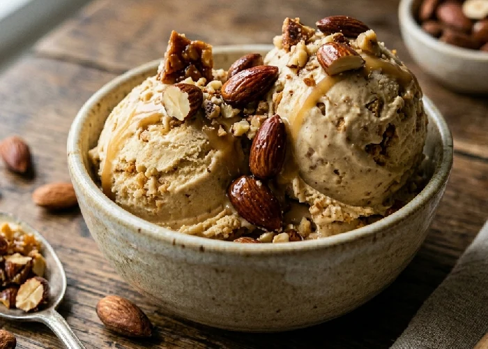 Premium nutty crunch ice cream with roasted almonds