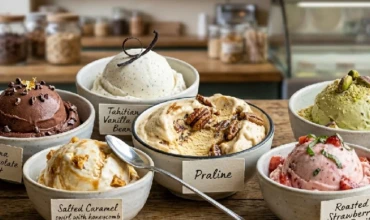 A selection of high quality ice cream flavors including praline ice cream.