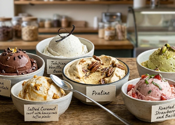 A selection of high quality ice cream flavors including praline ice cream.