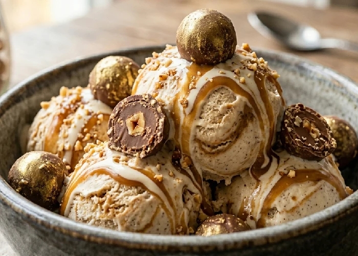 Golden pralines and cream swirls in a dessert.