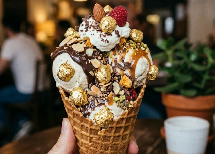 A decorated ice cream cone with golden bites