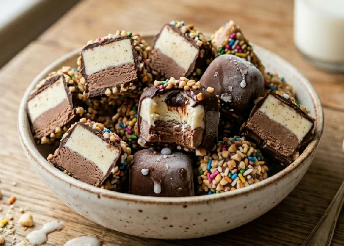 Small ice cream bites coated in nutty sprinkles.