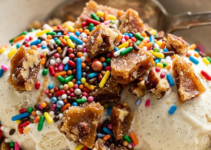 Close-up of crispy ice cream sprinkles and crunchy brittle pieces.