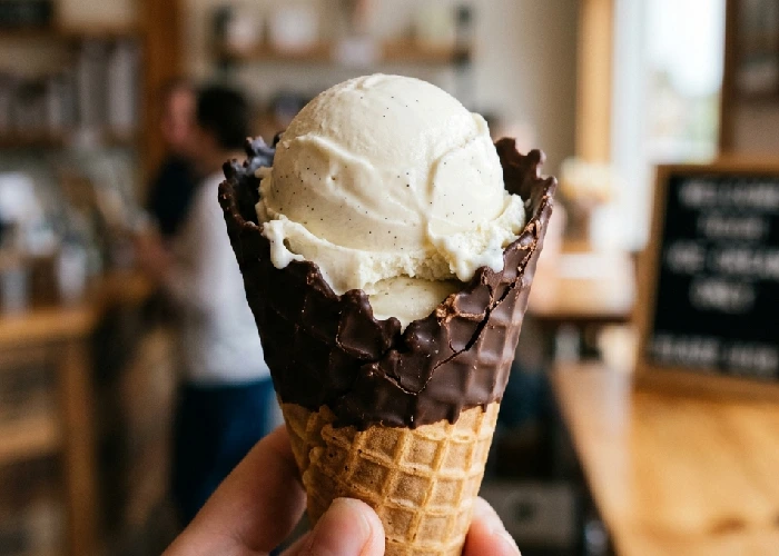 A perfect scoop of ice cream showing a velvety texture and crunchy snap.