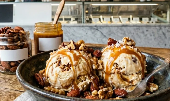 Gourmet ice cream brands featuring roasted nuts and butterscotch toppings.